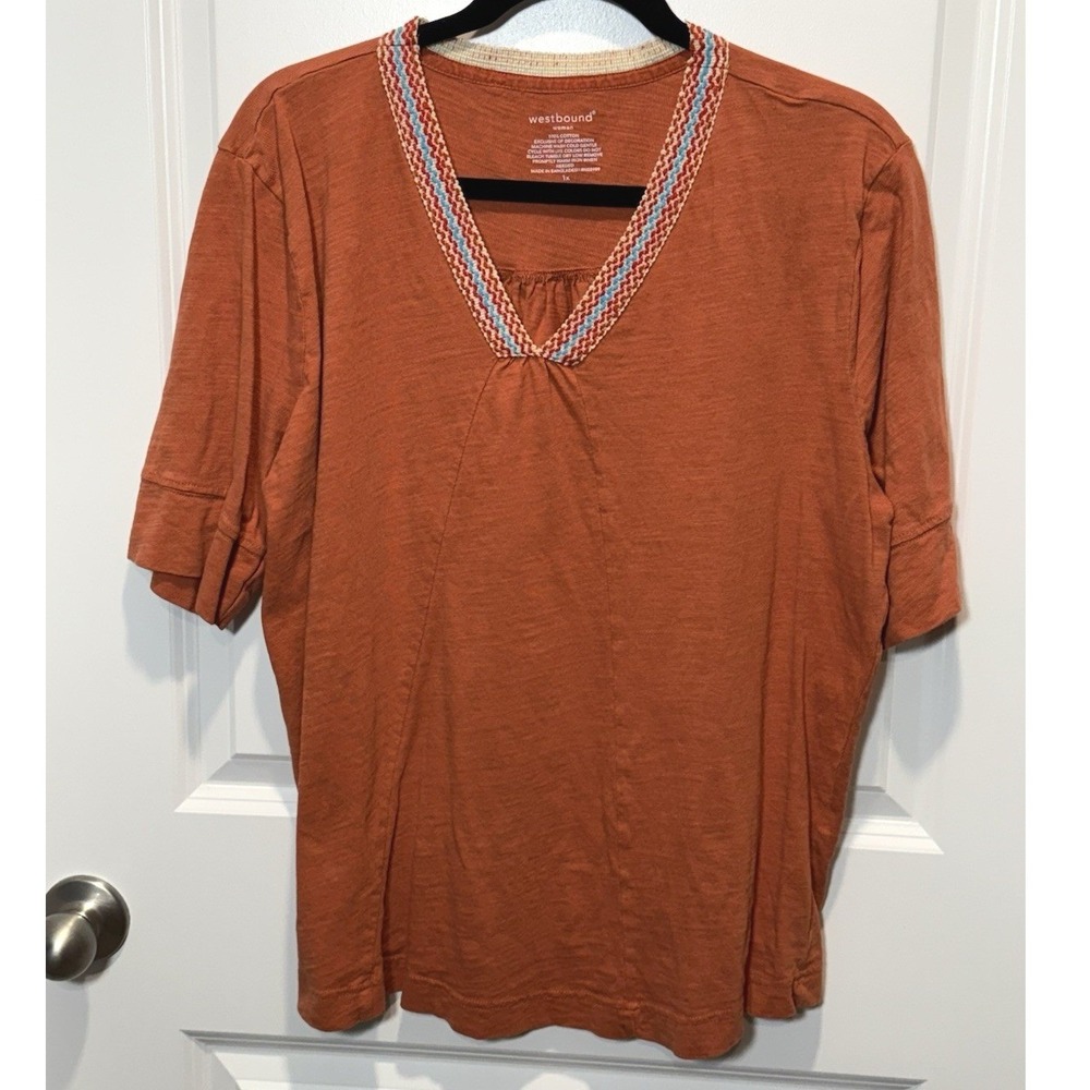 Westbound Orange‎ Embroidered Top 1X Women's Plus Shirt Blouse